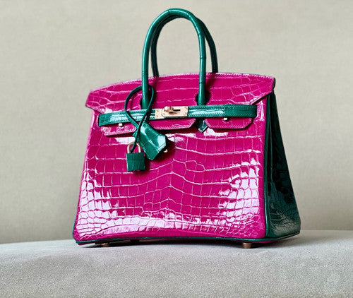 Hermes Special Order Rose Scheherazade/Vert Emerald Bi-Coloured  Birkin Bag 25cm Niloticus Crocodile Gold Hardware