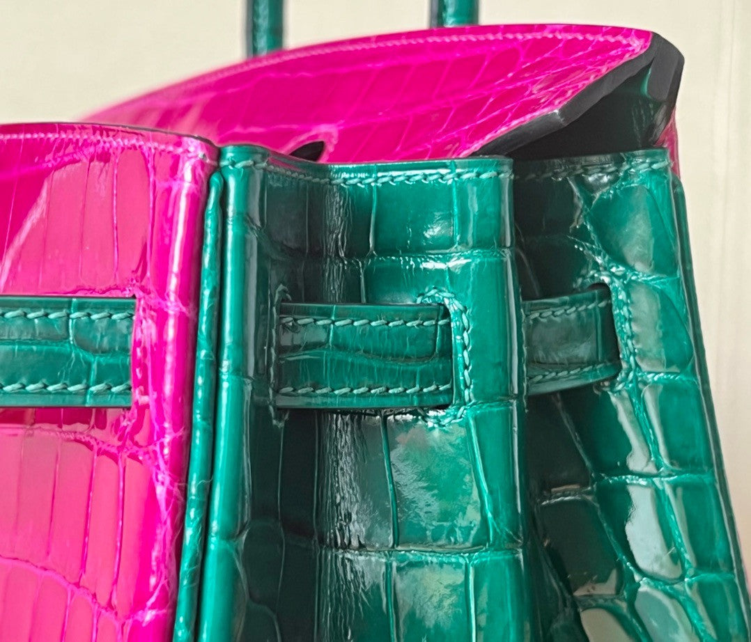 Hermes Special Order Rose Scheherazade/Vert Emerald Bi-Coloured  Birkin Bag 25cm Niloticus Crocodile Gold Hardware