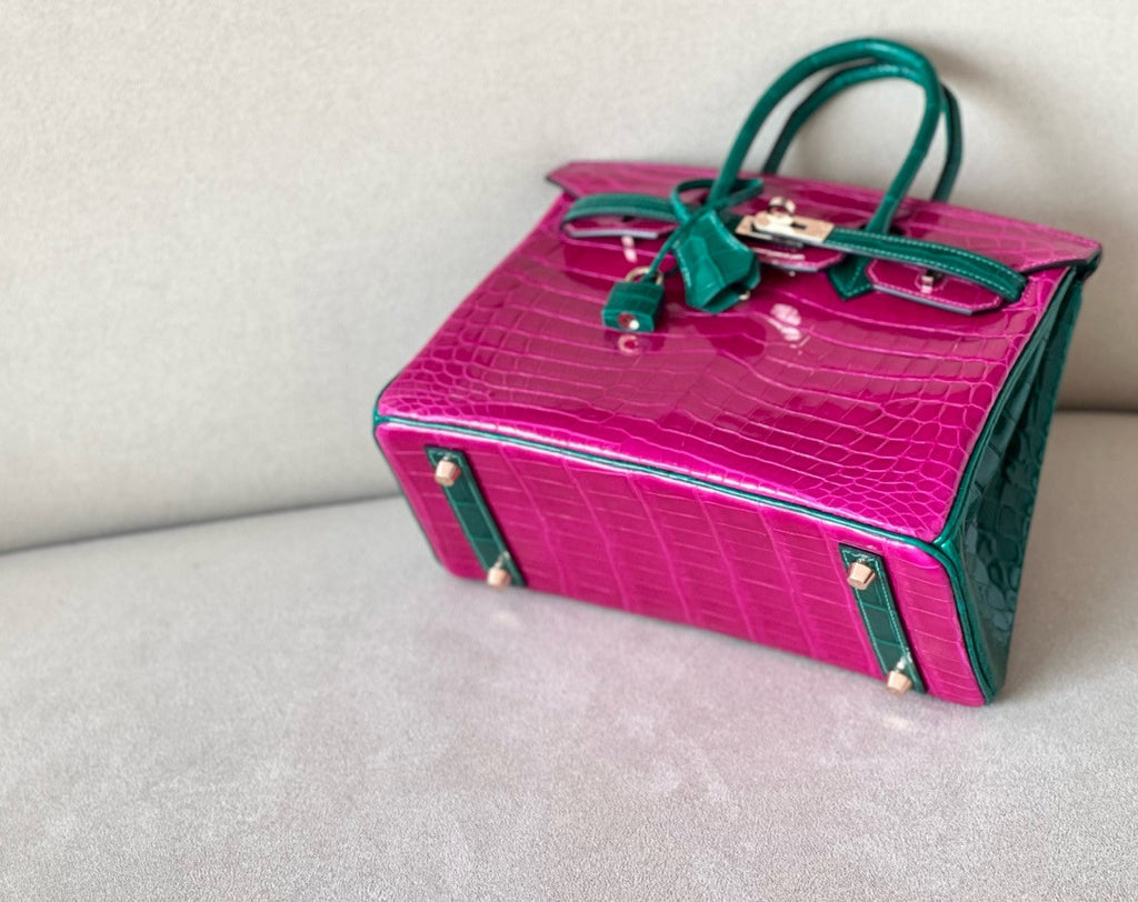 Hermes Special Order Rose Scheherazade/Vert Emerald Bi-Coloured  Birkin Bag 25cm Niloticus Crocodile Gold Hardware