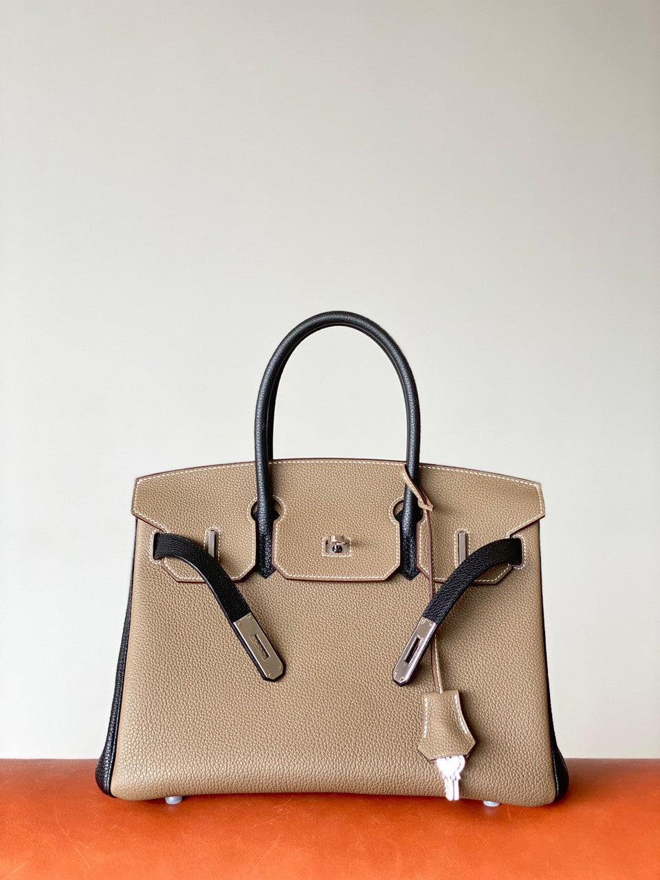HERMES Special Order BIRKIN 30 Bag Etoupe/ Black Chevre Palladium hardware