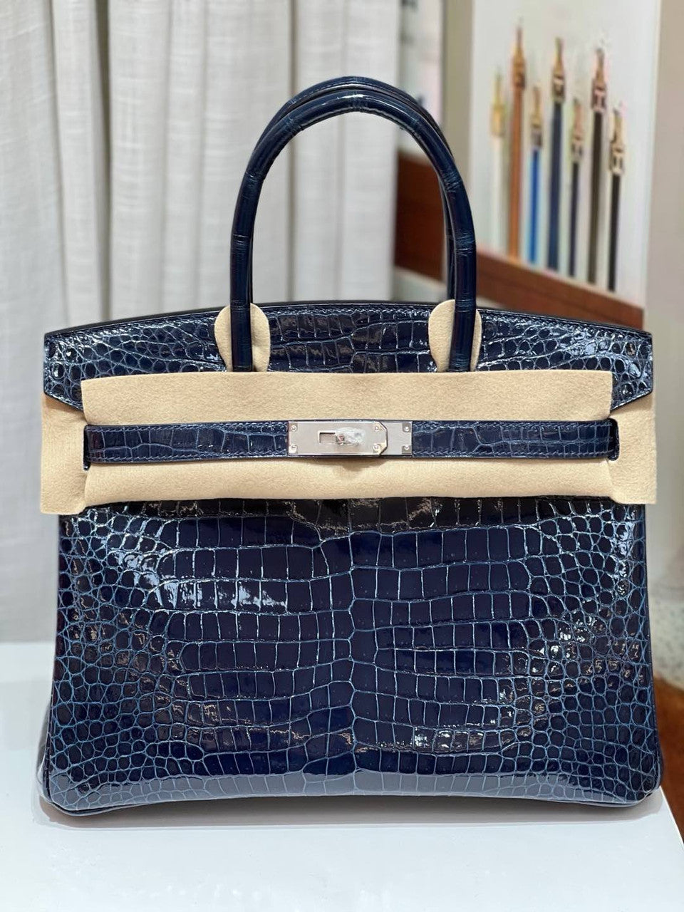 Hermes 7k Blue Saphir Birkin 30 in Porosus  Crocodile with Palladium hardware