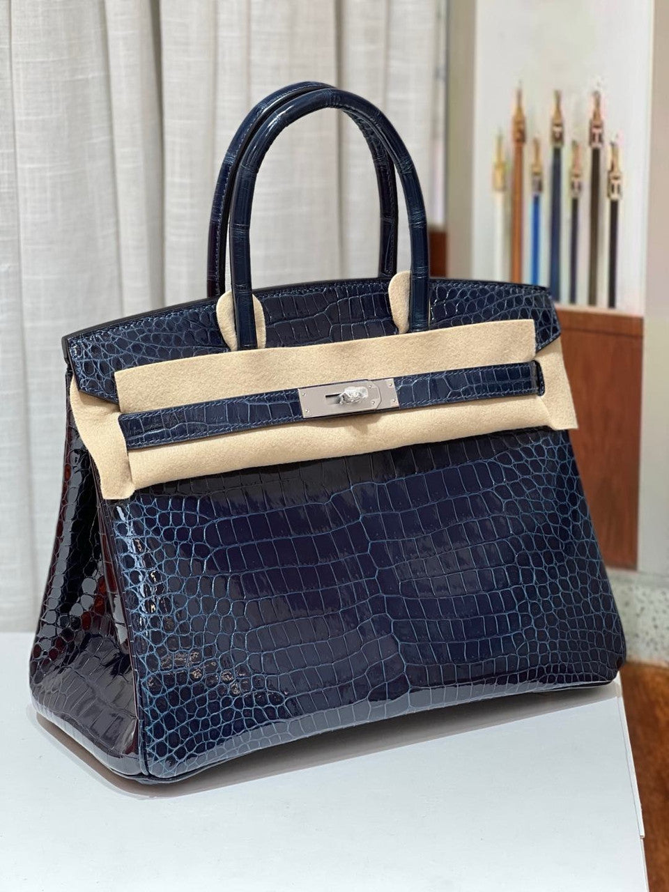 Hermes 7k Blue Saphir Birkin 30 in Porosus  Crocodile with Palladium hardware