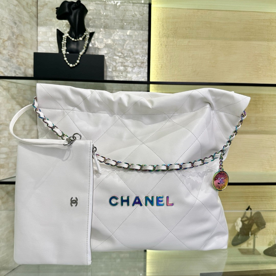Chanel  22 MEDIUM HANDBAG WHITE WITH Rainbow Metal SS2024