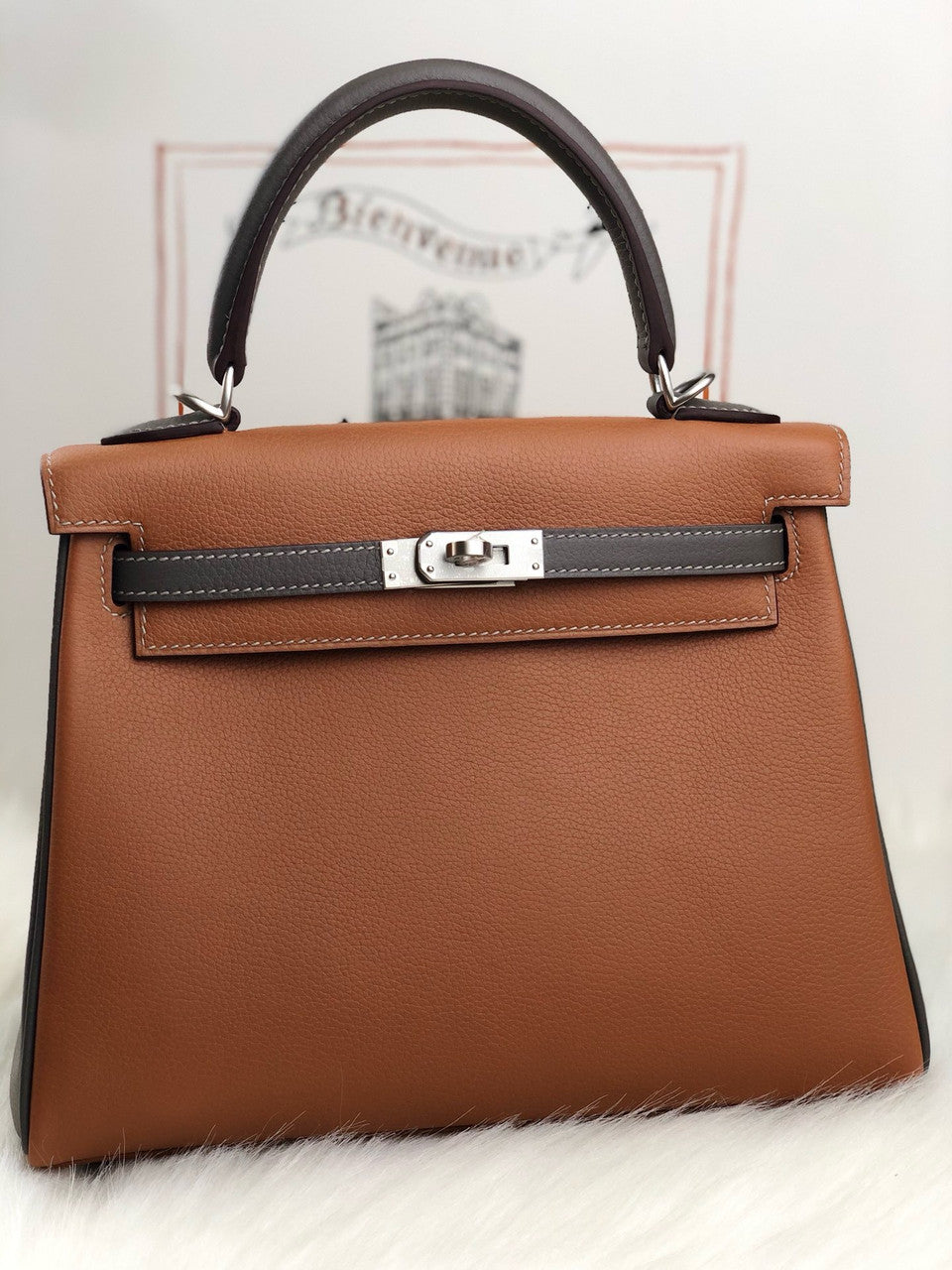 HERMÈS HSS Special Order Kelly 25 handbag in Gold and Etan Evercolor leather with Brushed Palladium hardware