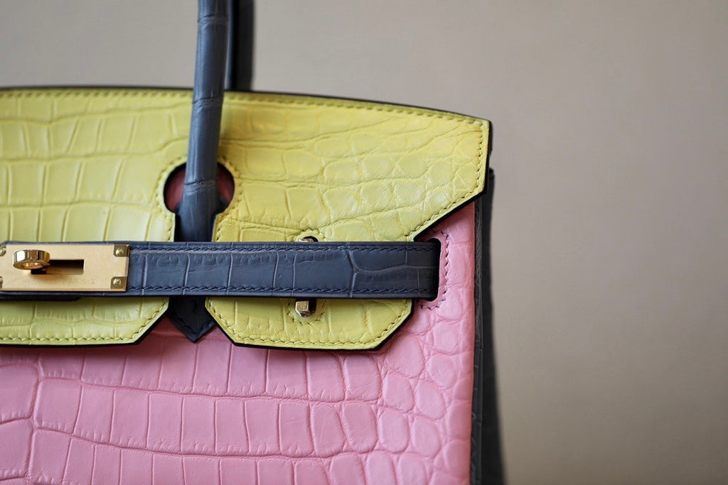 Hermes Special Order Tri Colour Rose Sakura/Jaune Poussin/Blue Lin  Birkin 30 in Niloticus Crocodile with Gold hardware