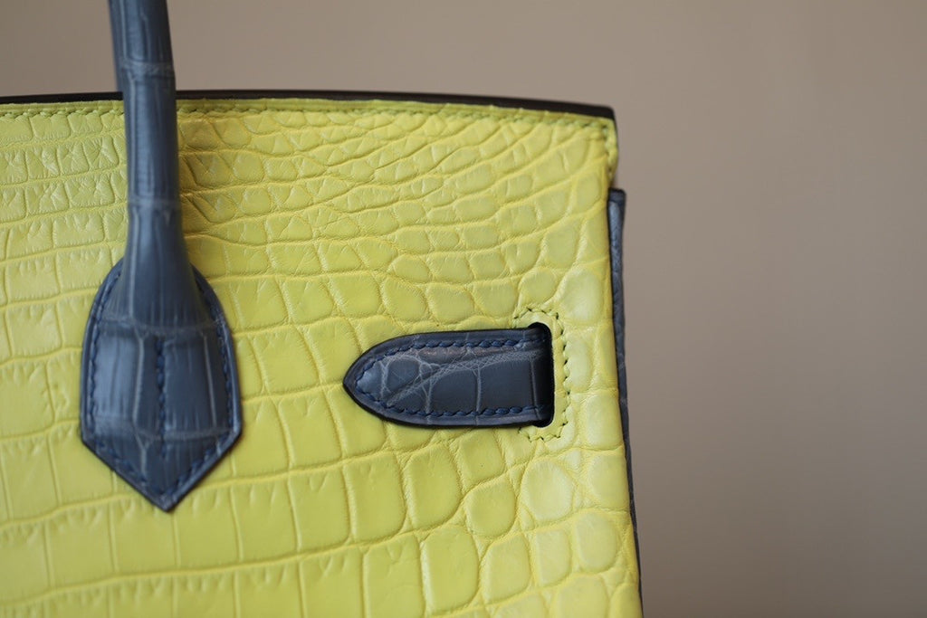 Hermes Special Order Tri Colour Rose Sakura/Jaune Poussin/Blue Lin  Birkin 30 in Niloticus Crocodile with Gold hardware