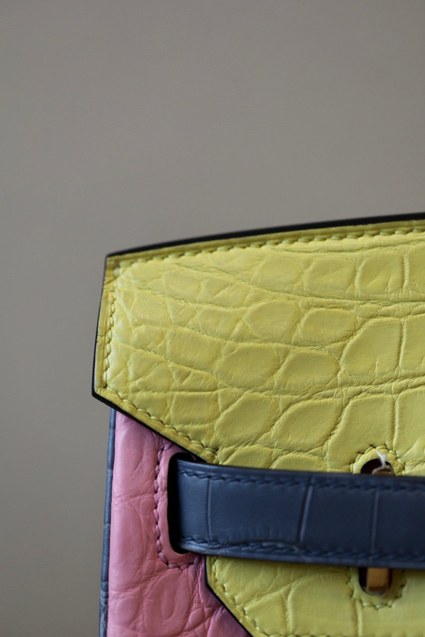 Hermes Special Order Tri Colour Rose Sakura/Jaune Poussin/Blue Lin  Birkin 30 in Niloticus Crocodile with Gold hardware