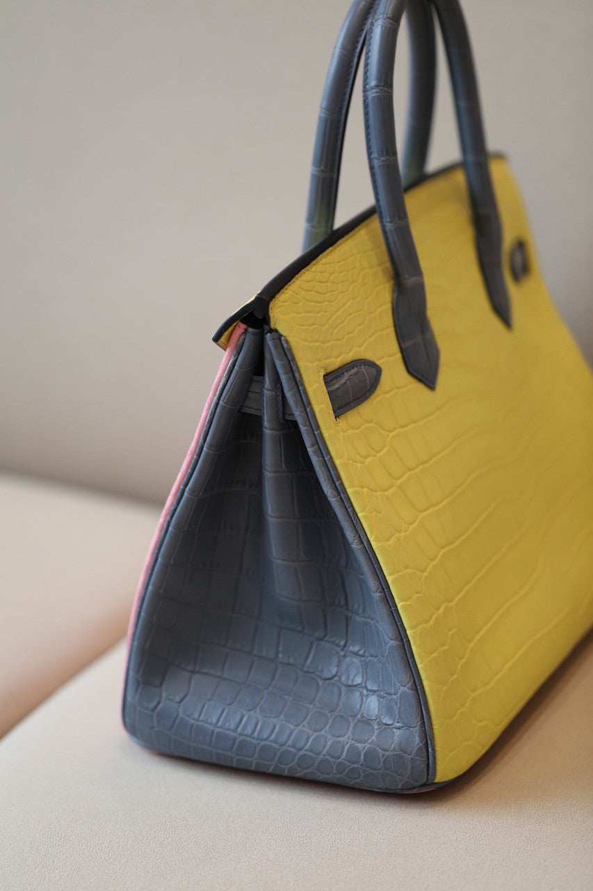 Hermes Special Order Tri Colour Rose Sakura/Jaune Poussin/Blue Lin  Birkin 30 in Niloticus Crocodile with Gold hardware