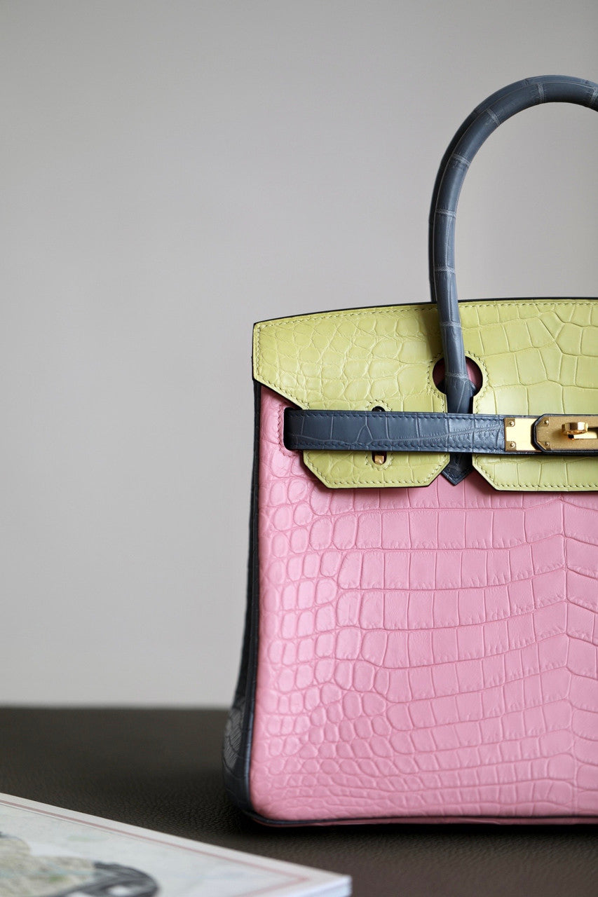 Hermes Special Order Tri Colour Rose Sakura/Jaune Poussin/Blue Lin  Birkin 30 in Niloticus Crocodile with Gold hardware