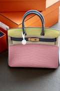 Hermes Special Order Tri Colour Rose Sakura/Jaune Poussin/Blue Lin  Birkin 30 in Niloticus Crocodile with Gold hardware