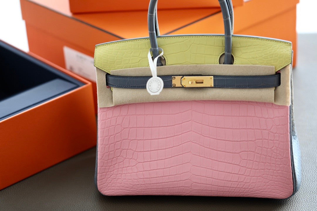 Hermes Special Order Tri Colour Rose Sakura/Jaune Poussin/Blue Lin  Birkin 30 in Niloticus Crocodile with Gold hardware