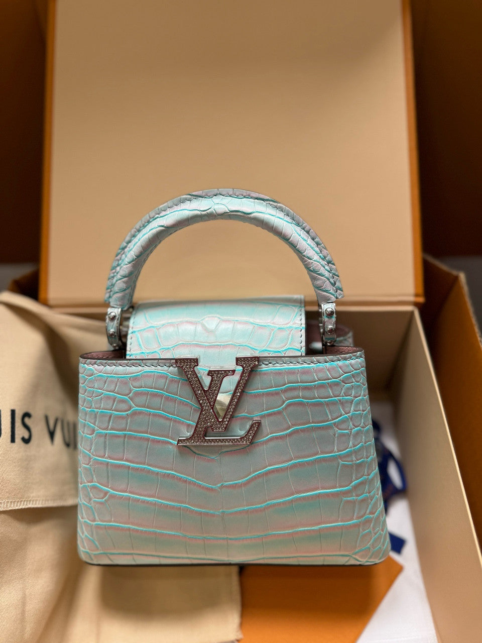 Louis Vuitton CAPUCINES MINI Crocodilien Brillant Blue with Crystal Hardware