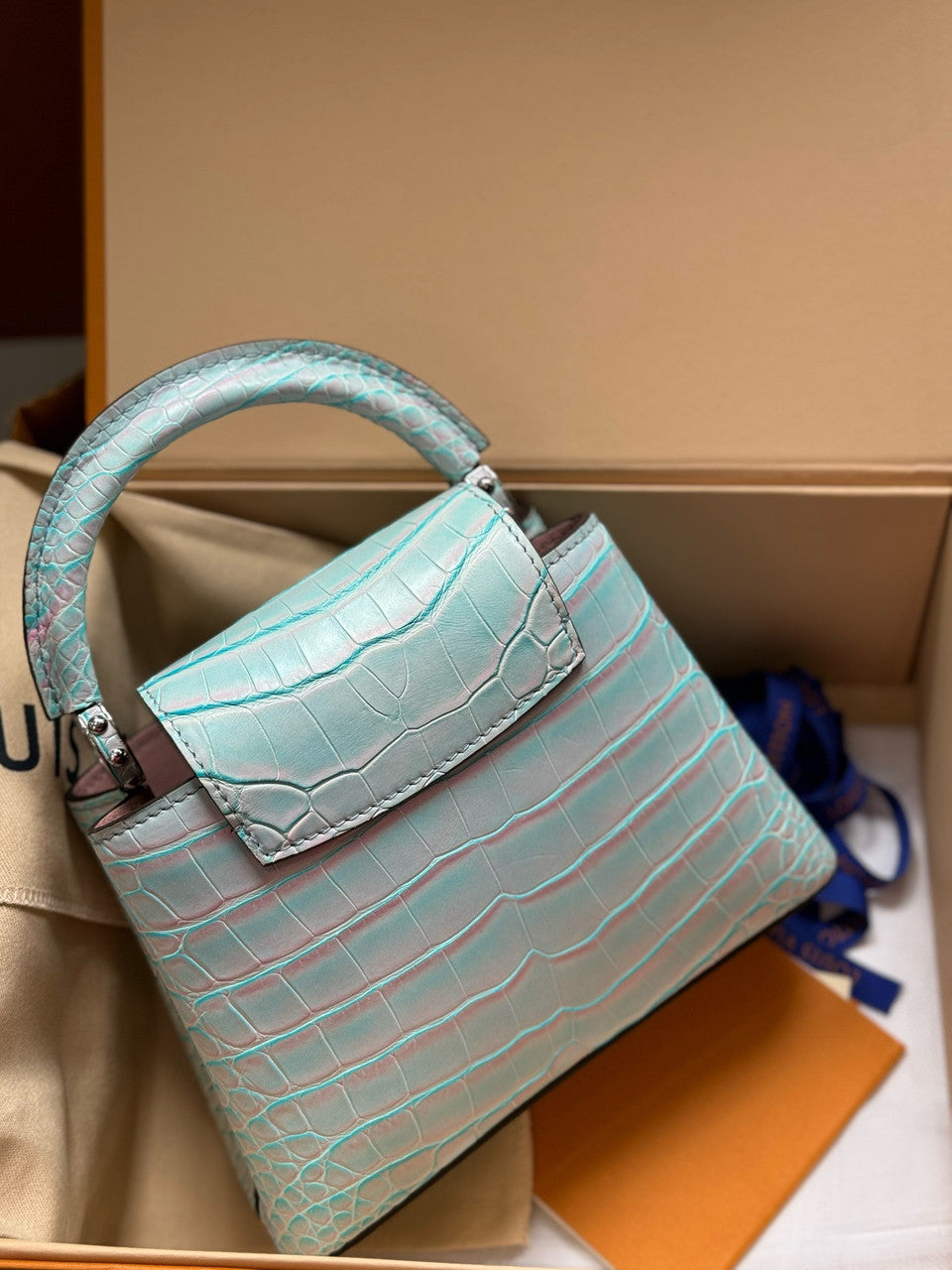 Louis Vuitton CAPUCINES MINI Crocodilien Brillant Blue with Crystal Hardware