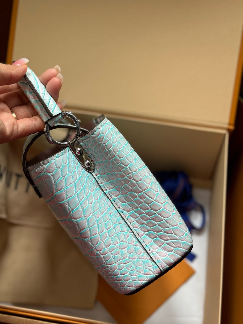 Louis Vuitton CAPUCINES MINI Crocodilien Brillant Blue with Crystal Hardware