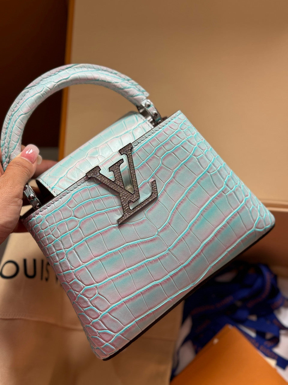 Louis Vuitton CAPUCINES MINI Crocodilien Brillant Blue with Crystal Hardware