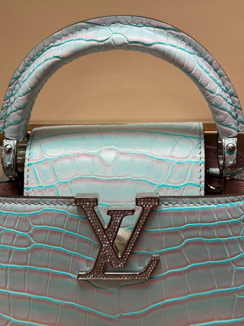 Louis Vuitton CAPUCINES MINI Crocodilien Brillant Blue with Crystal Hardware