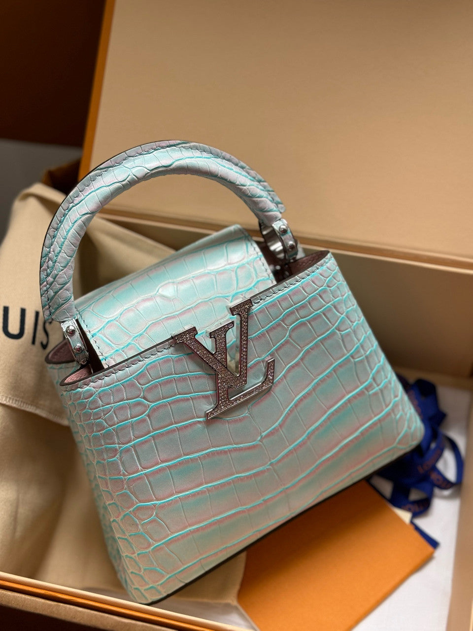 Louis Vuitton CAPUCINES MINI Crocodilien Brillant Blue with Crystal Hardware