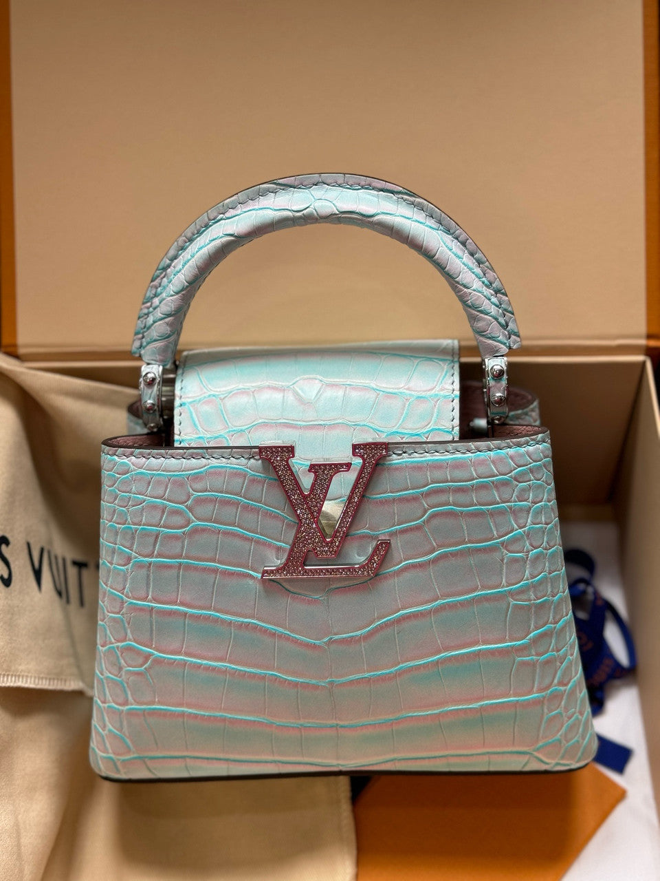 Louis Vuitton CAPUCINES MINI Crocodilien Brillant Blue with Crystal Hardware