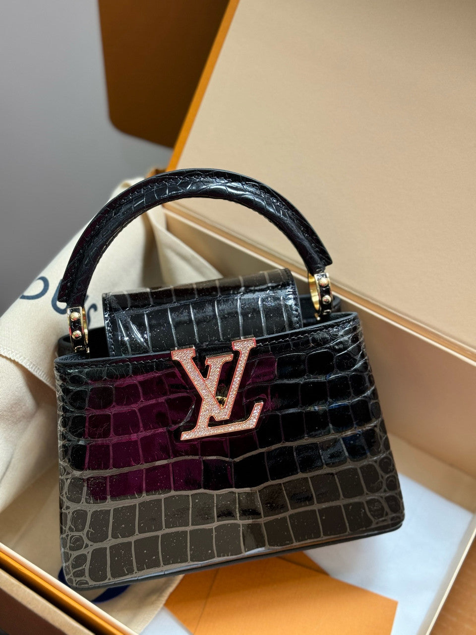 Louis Vuitton CAPUCINES MINI Crocodilien Brillant Black with Crystal Hardware