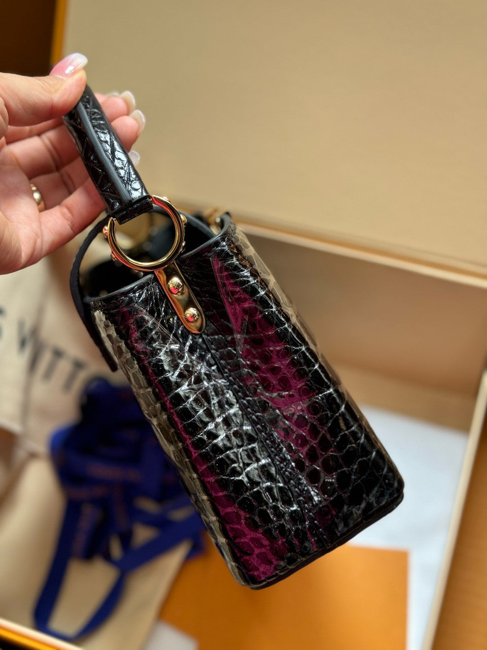 Louis Vuitton CAPUCINES MINI Crocodilien Brillant Black with Crystal Hardware