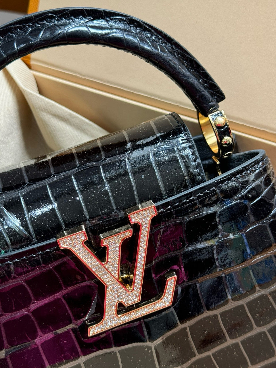 Louis Vuitton CAPUCINES MINI Crocodilien Brillant Black with Crystal Hardware