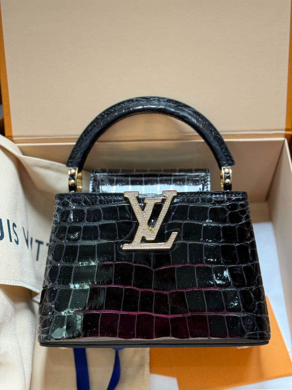 Louis Vuitton CAPUCINES MINI Crocodilien Brillant Black with Crystal Hardware