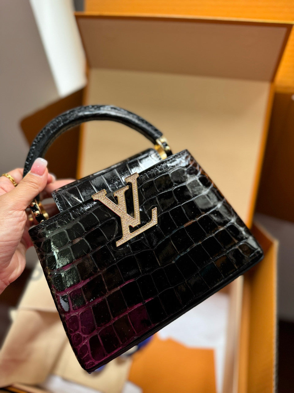 Louis Vuitton CAPUCINES MINI Crocodilien Brillant Black with Crystal Hardware