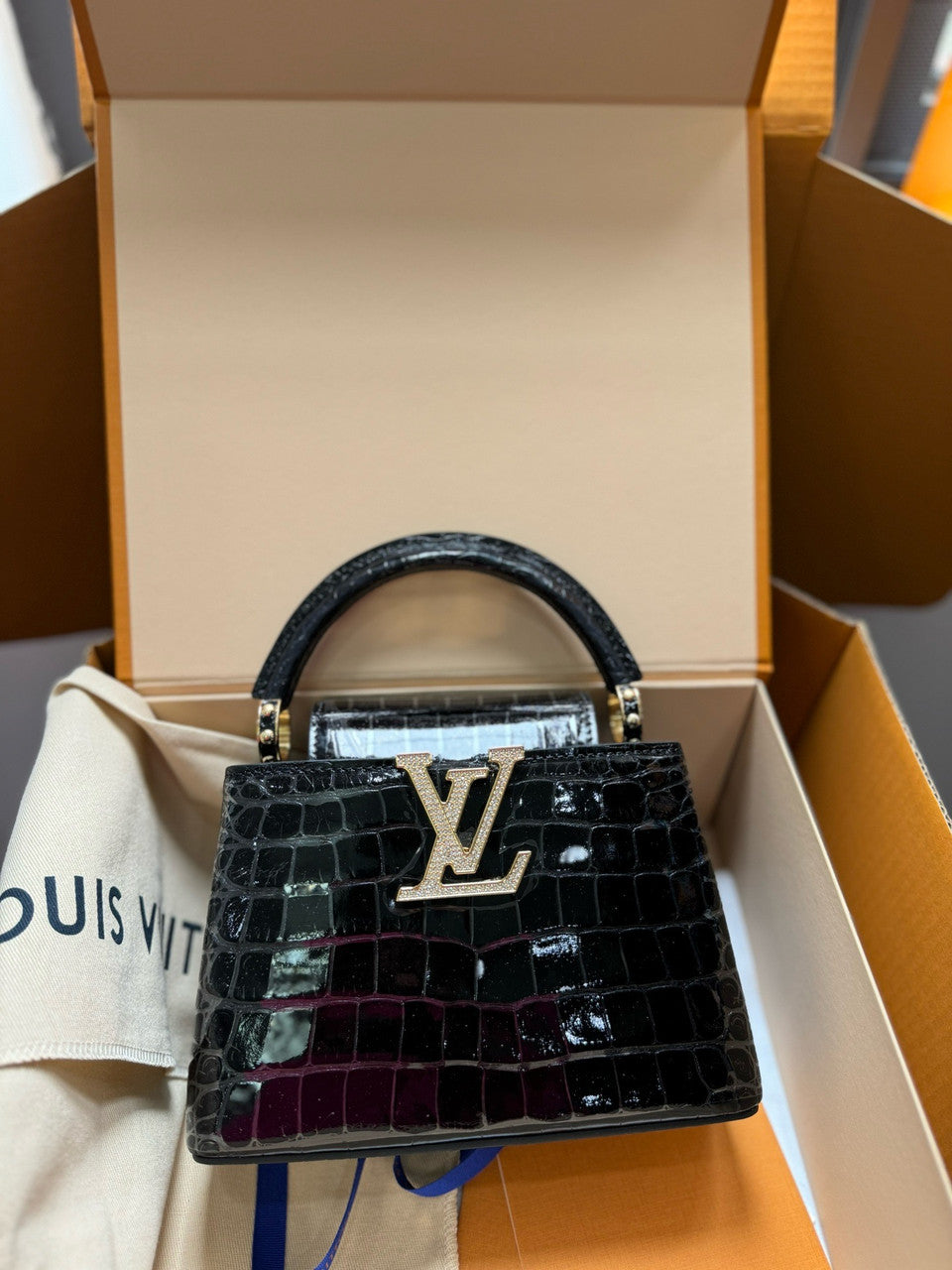 Louis Vuitton CAPUCINES MINI Crocodilien Brillant Black with Crystal Hardware