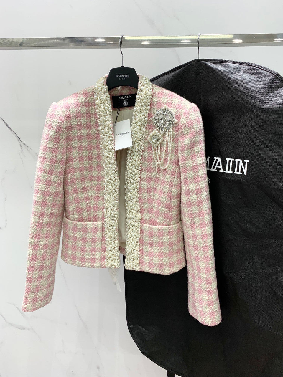 Balmain Tweed spencer jacket with embroidery Pink