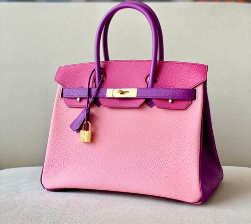 Hermes Special Order Tri-Colour  Rose Confetti, Rose  Pourpre, Anemone  Birkin 30 cm Epsom Gold   Hardware