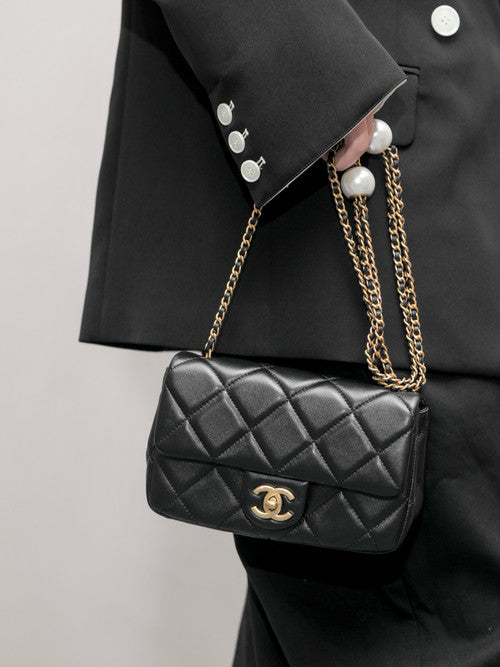 Chanel BLACK SMALL FLAP BAG with Imitation Pearls
