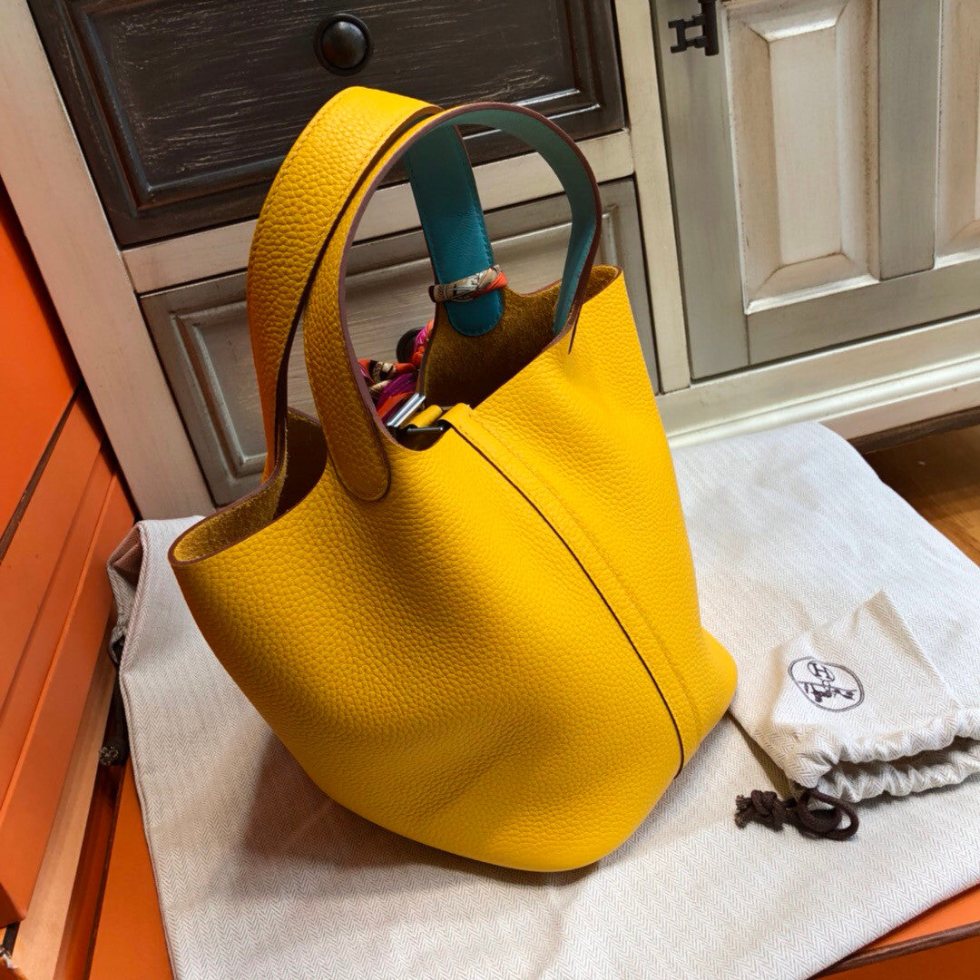 Hermes 9D Amber/Celest Picotin Lock 18 Togo Leather Bag