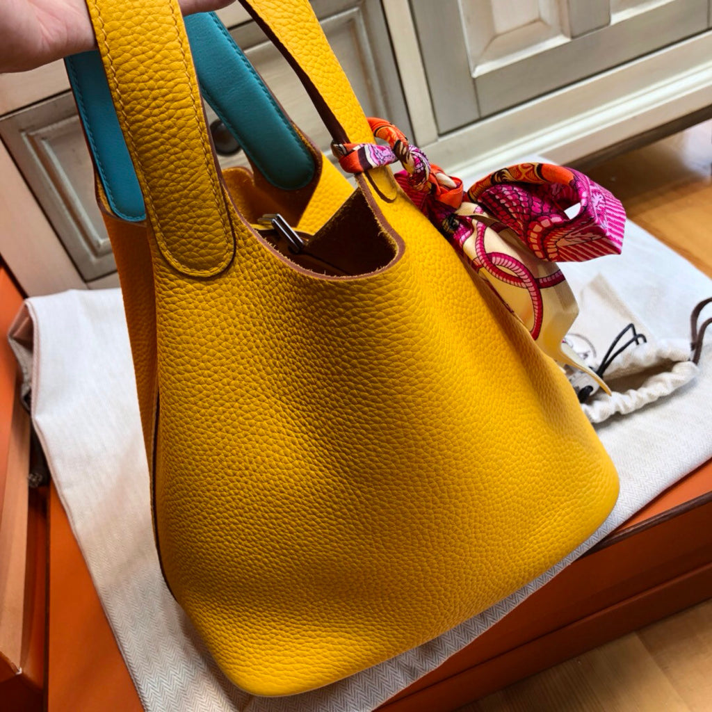 Hermes 9D Amber/Celest Picotin Lock 18 Togo Leather Bag
