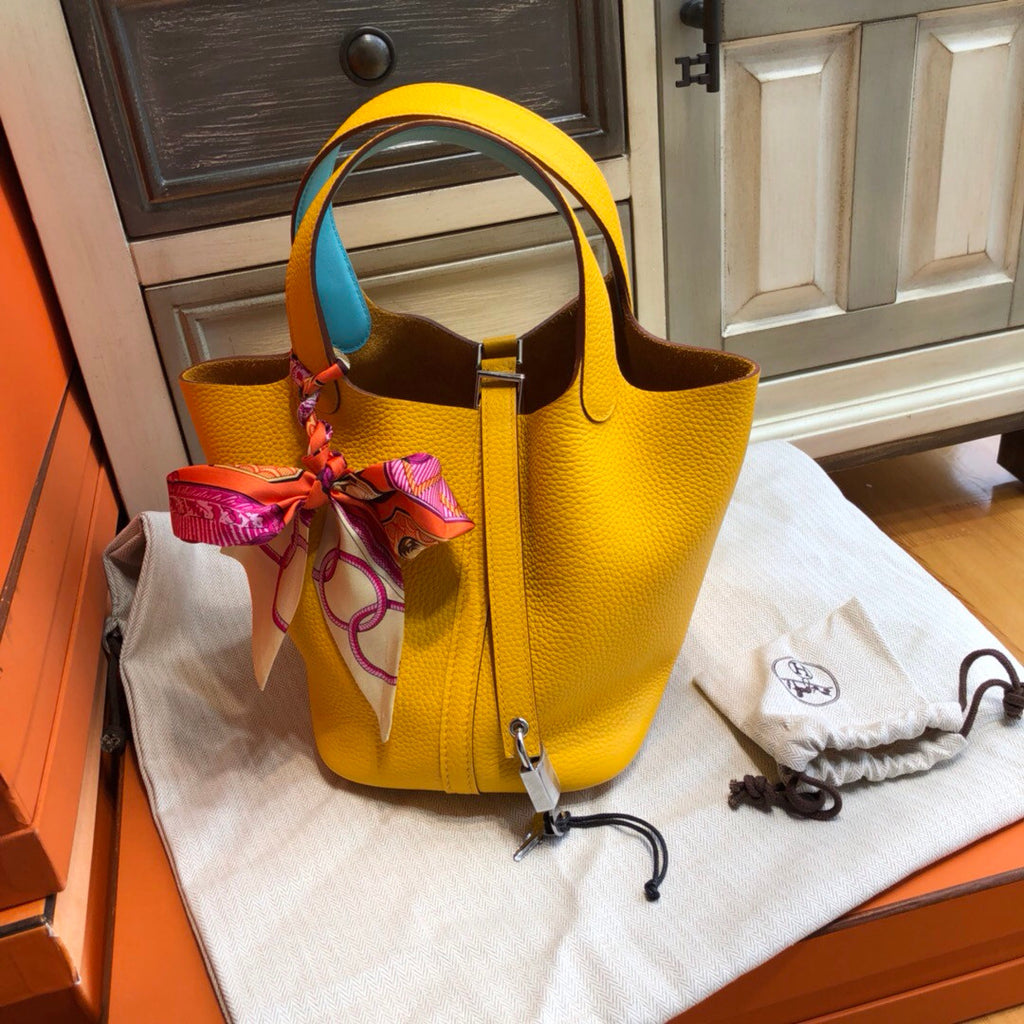 Hermes 9D Amber/Celest Picotin Lock 18 Togo Leather Bag