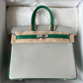 Hermes Birkin 25 Gris Perle/Green Chevre Myzore Goatskin Palladium Hardware