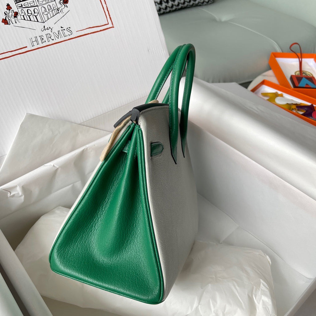 Hermes Birkin 25 Gris Perle/Green Chevre Myzore Goatskin Palladium Hardware