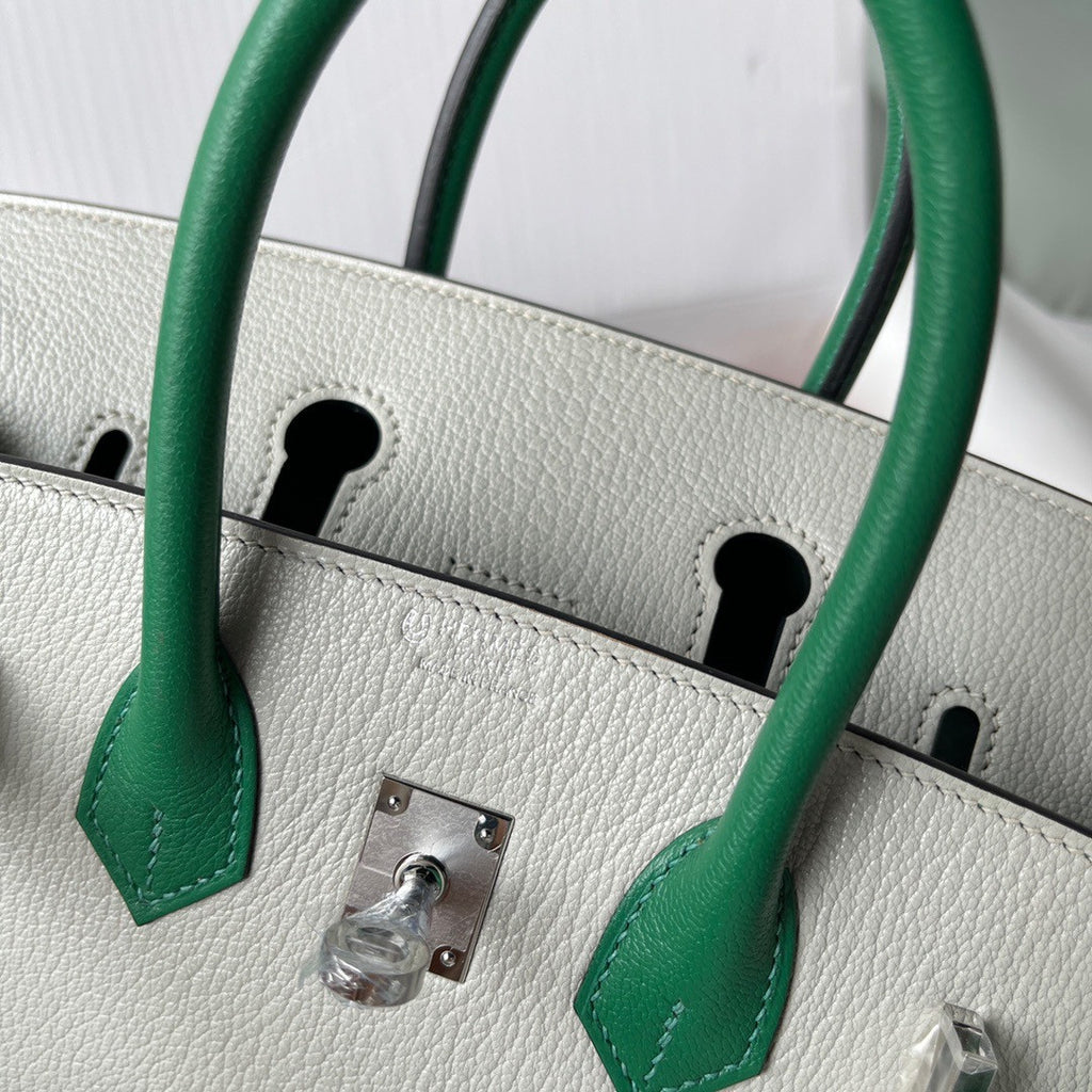 Hermes Birkin 25 Gris Perle/Green Chevre Myzore Goatskin Palladium Hardware