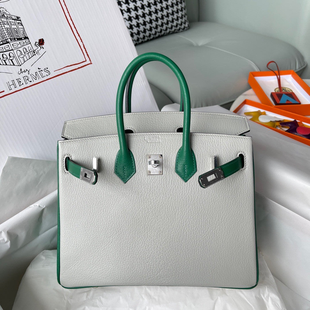 Hermes Birkin 25 Gris Perle/Green Chevre Myzore Goatskin Palladium Hardware