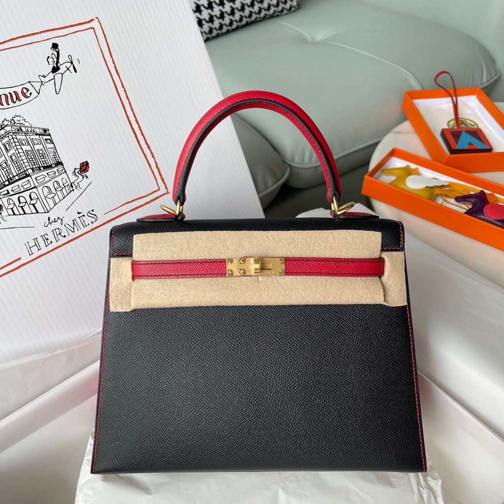 Hermes Special Order Black/Red Kelly 25 cm Epsom Gold  Hardware
