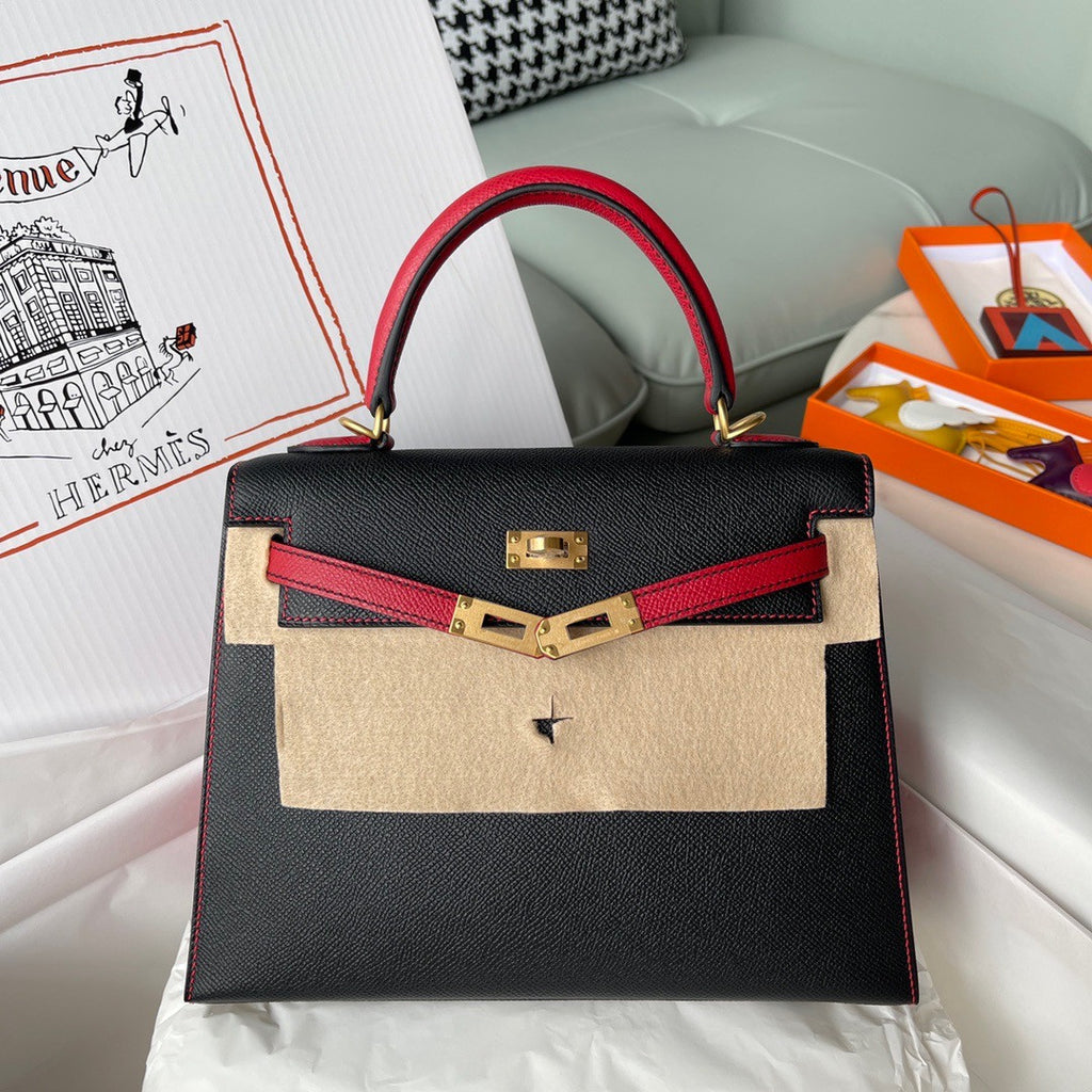 Hermes Special Order Black/Red Kelly 25 cm Epsom Gold  Hardware