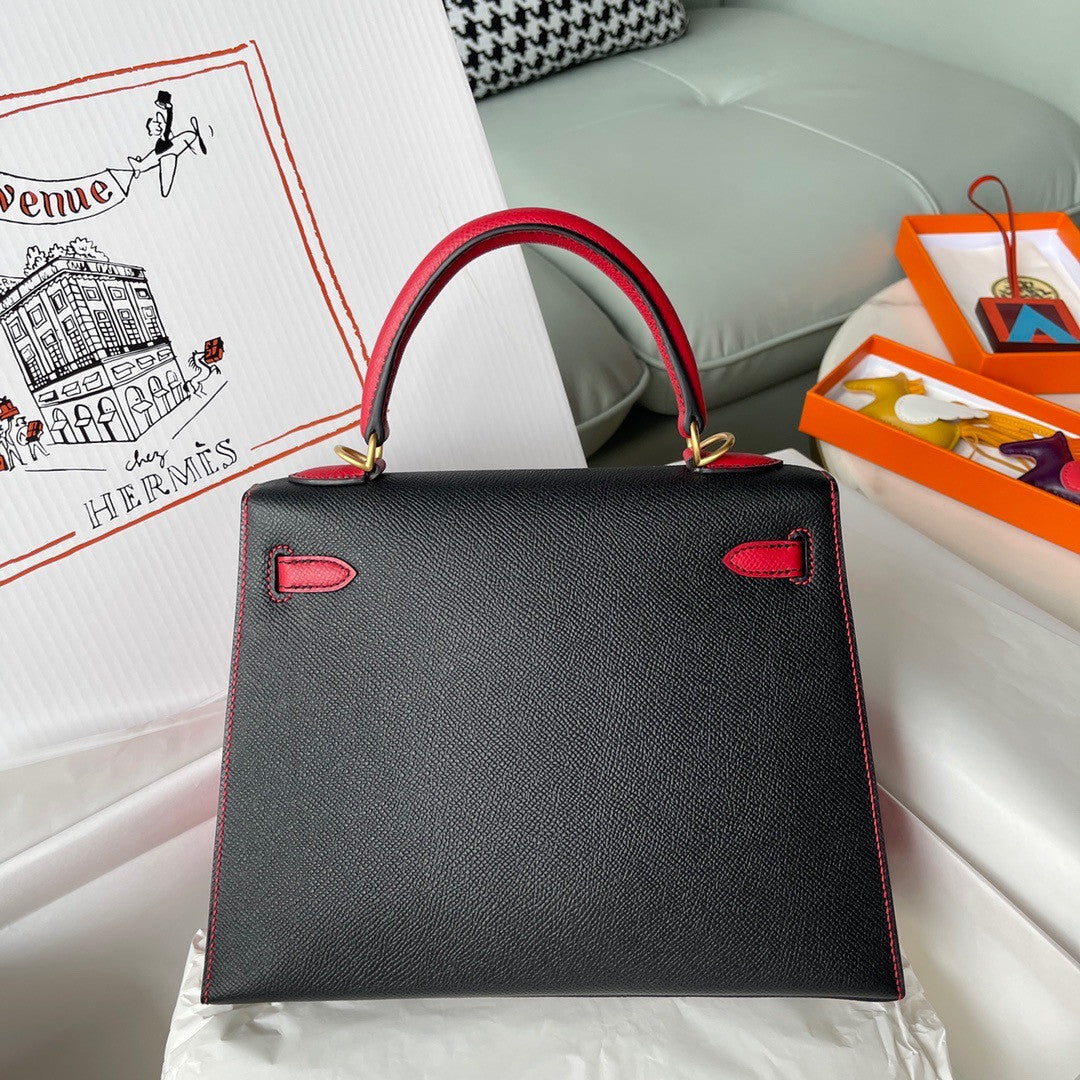 Hermes Special Order Black/Red Kelly 25 cm Epsom Gold  Hardware
