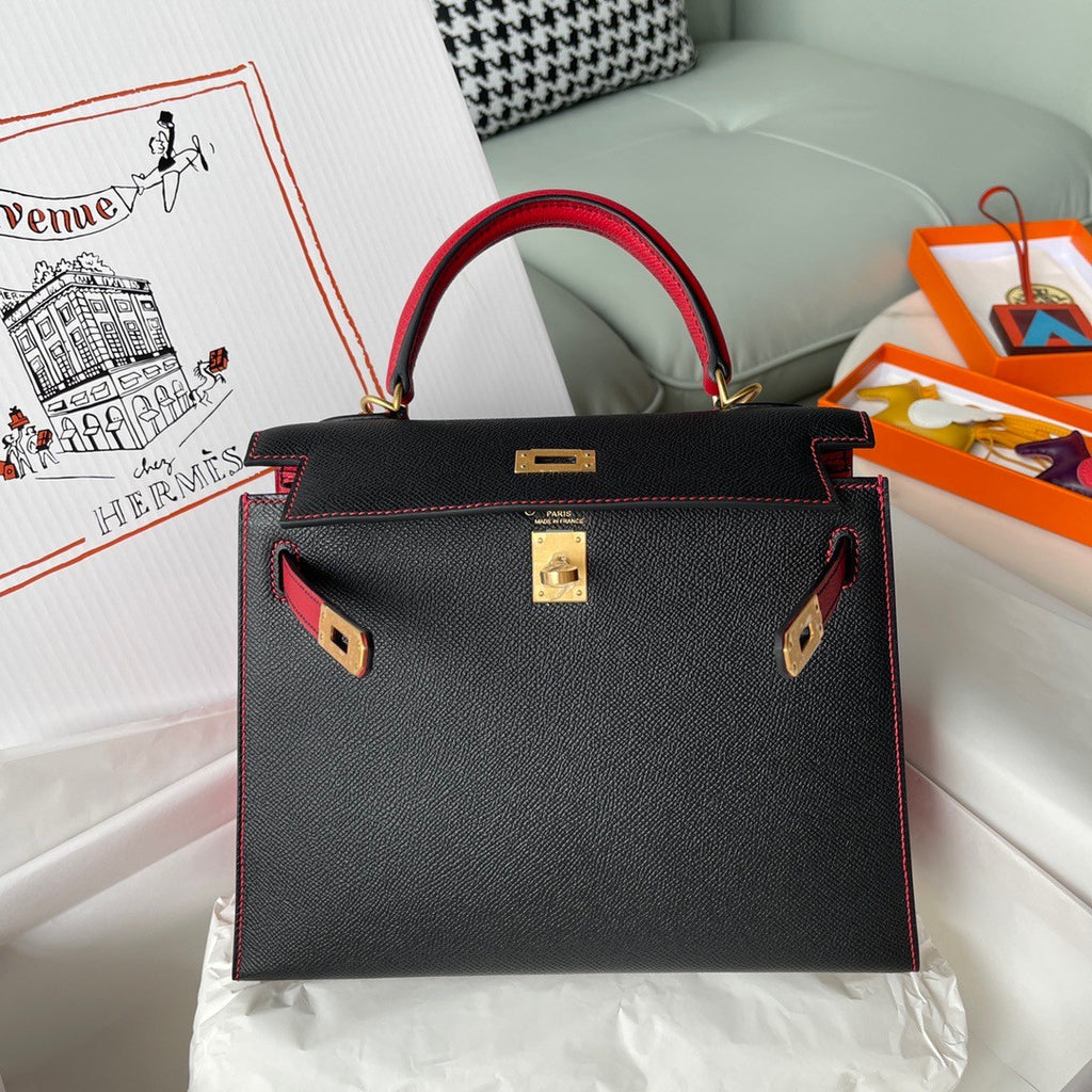 Hermes Special Order Black/Red Kelly 25 cm Epsom Gold  Hardware