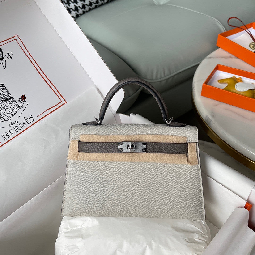 Hermes Special Order Gris Perle/ Etain Mini Kelly II Epsom Palladium  Hardware
