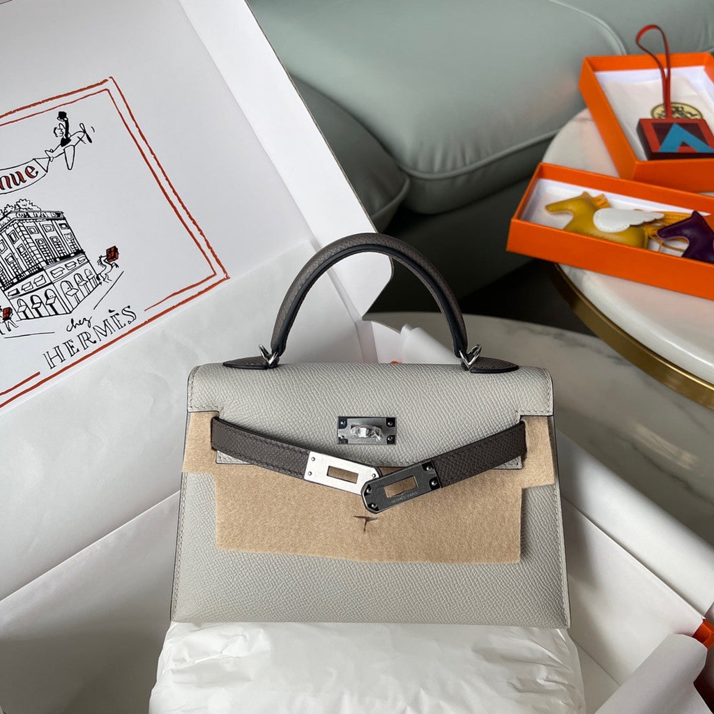 Hermes Special Order Gris Perle/ Etain Mini Kelly II Epsom Palladium  Hardware