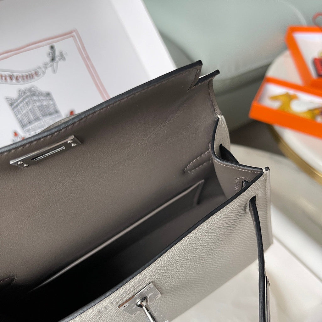 Hermes Special Order Gris Perle/ Etain Mini Kelly II Epsom Palladium  Hardware