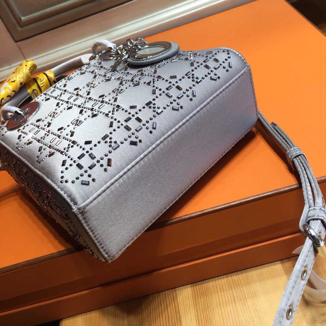 Christian Dior Limited Edition MINI LADY DIOR GREY SATIN BAG WITH SWAROVSKI CANNAGE