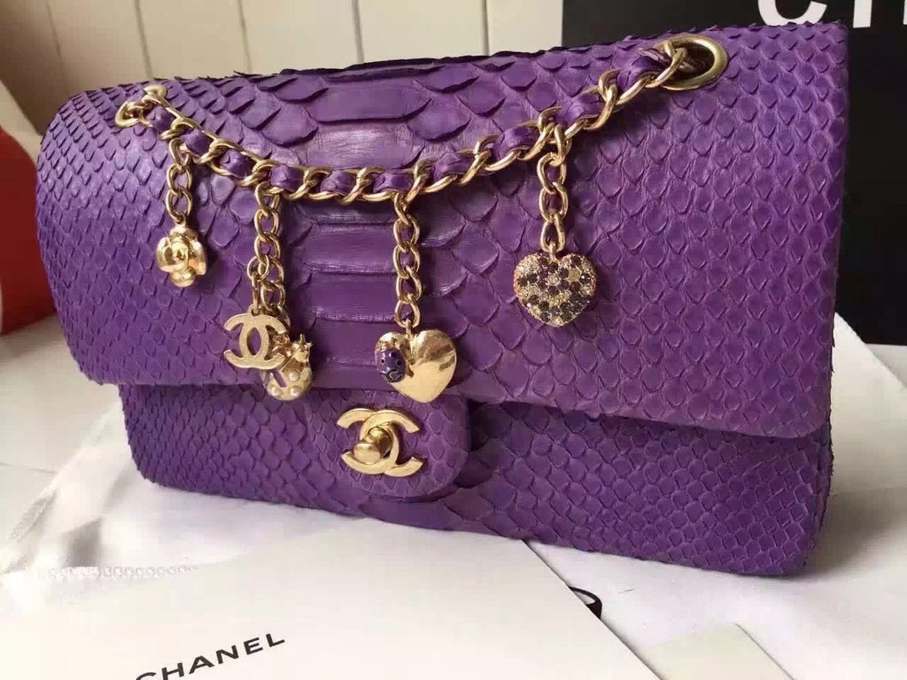 CHANEL Classic Flap Bag PYTHON Purple with charms