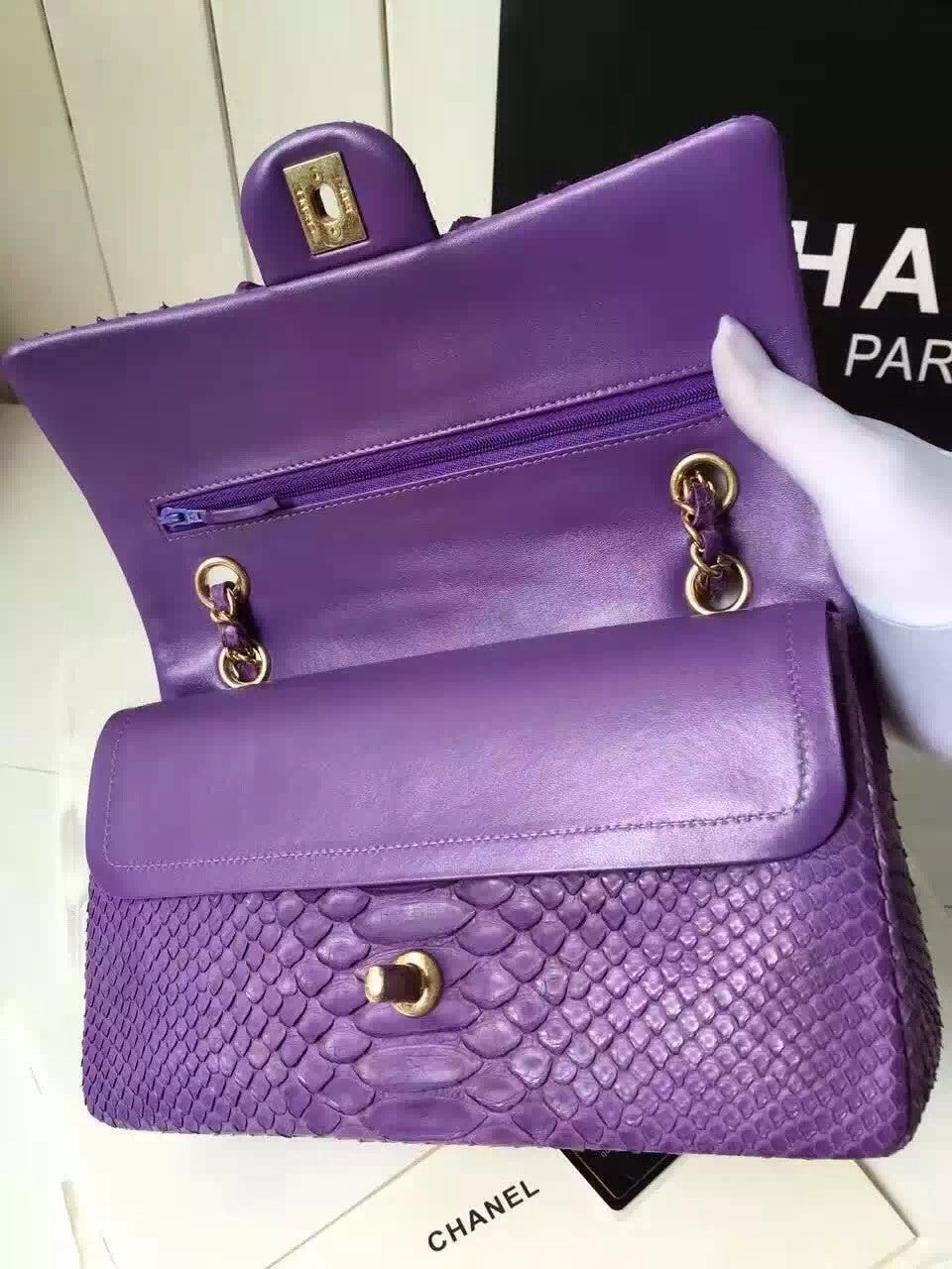 CHANEL Classic Flap Bag PYTHON Purple with charms