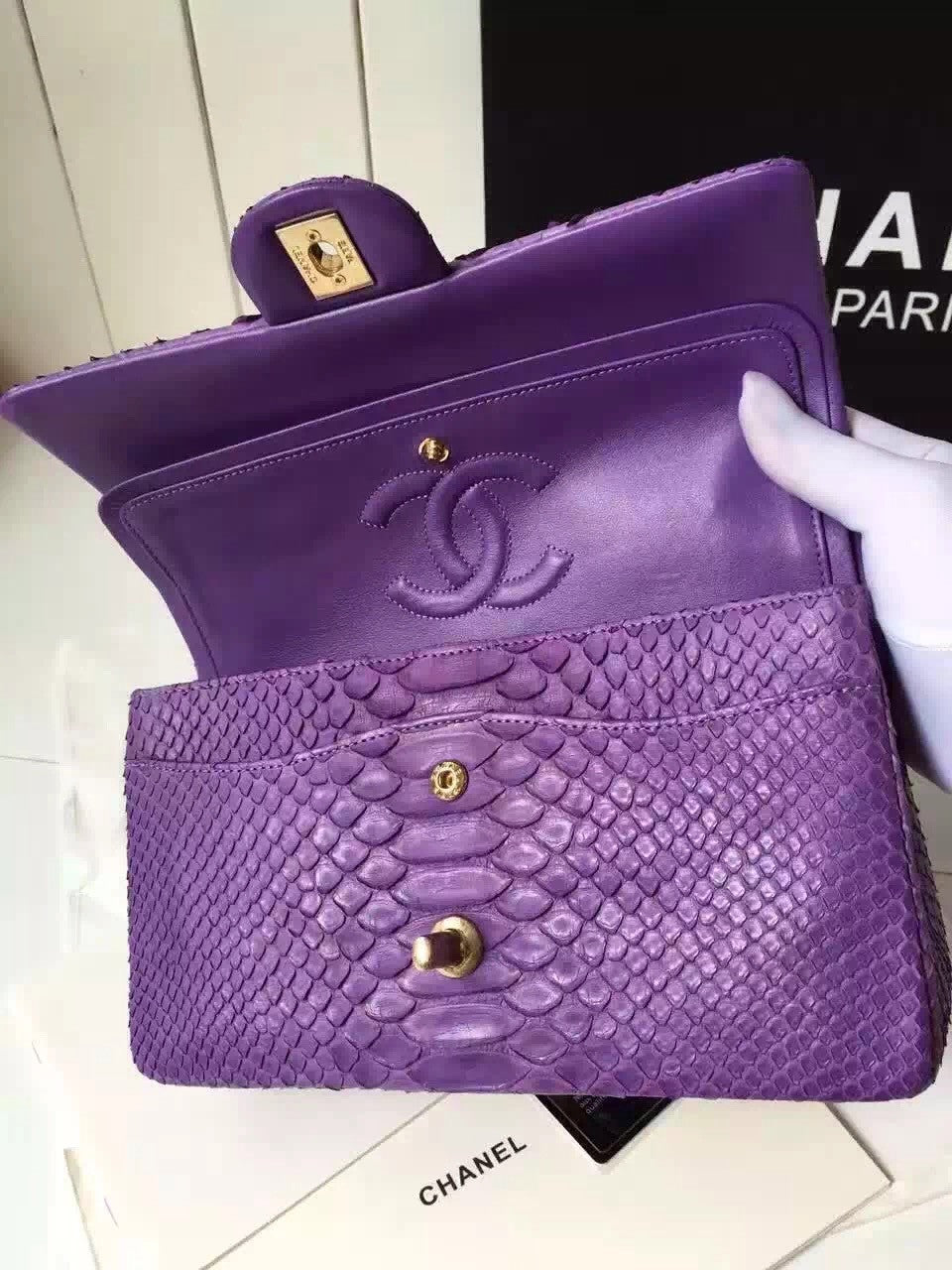 CHANEL Classic Flap Bag PYTHON Purple with charms