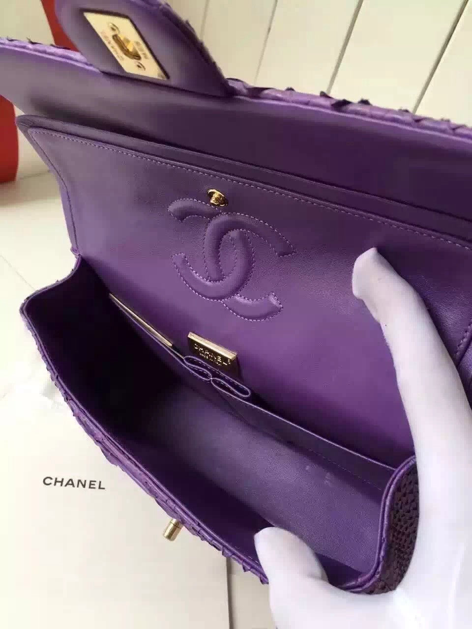 CHANEL Classic Flap Bag PYTHON Purple with charms